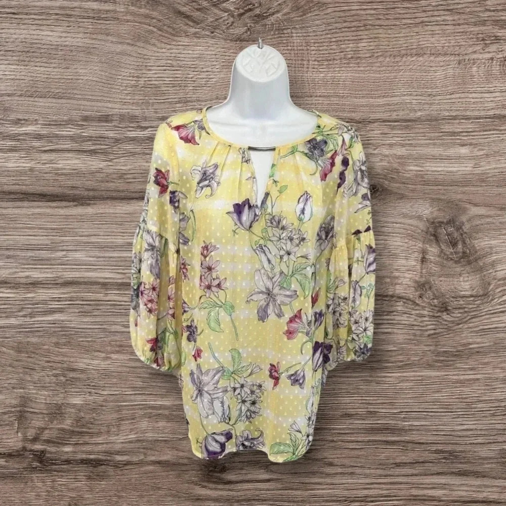 Women’s Small Swiss Dot‎ SHEER Yellow Floral Blouse Tropical Dainty Feminine